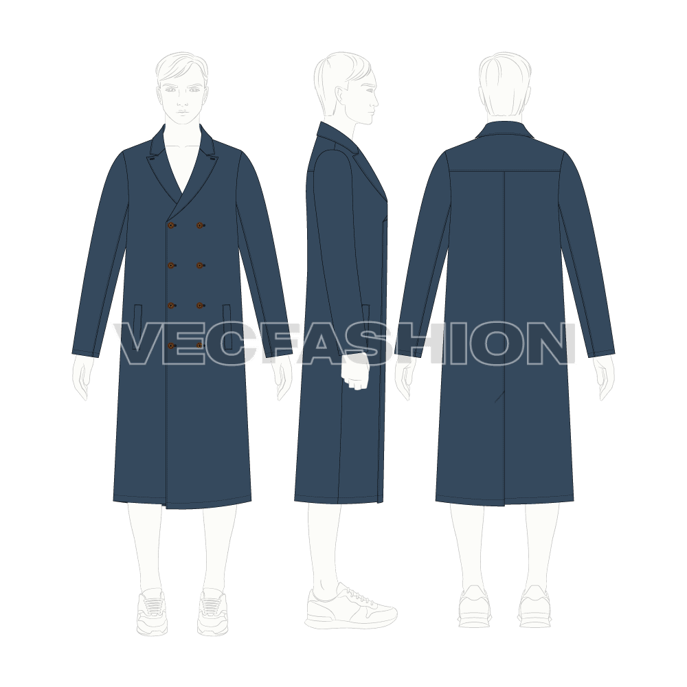 Mens Double Breasted Coat flat sketch, croqui sketch