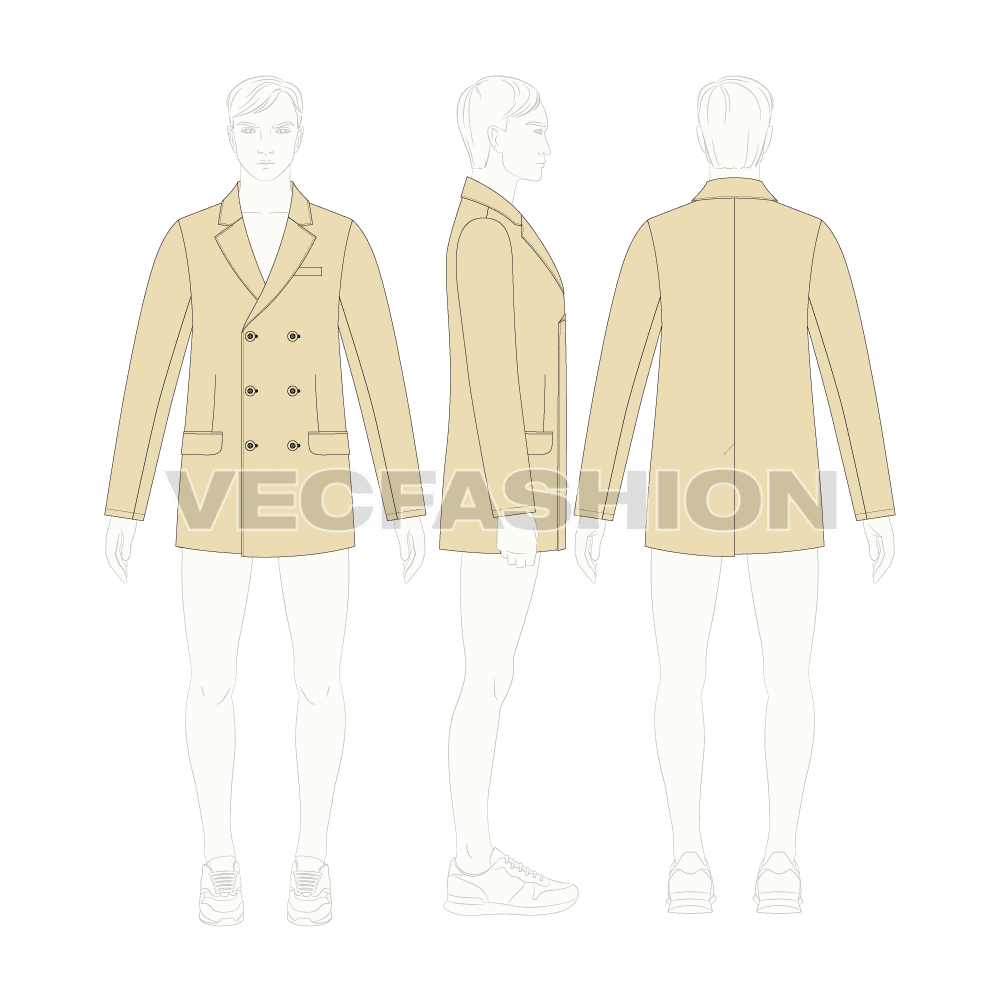 Mens Double Breasted Coat flat sketch, croqui sketch
