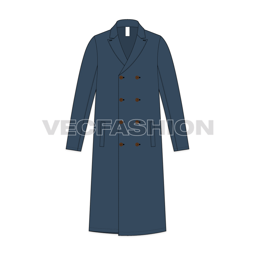 Mens Double Breasted Coat flat sketch, front view