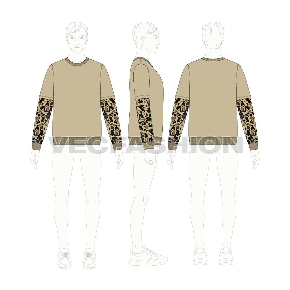 Mens double layered sleeve crewneck flat sketch, croqui sketch