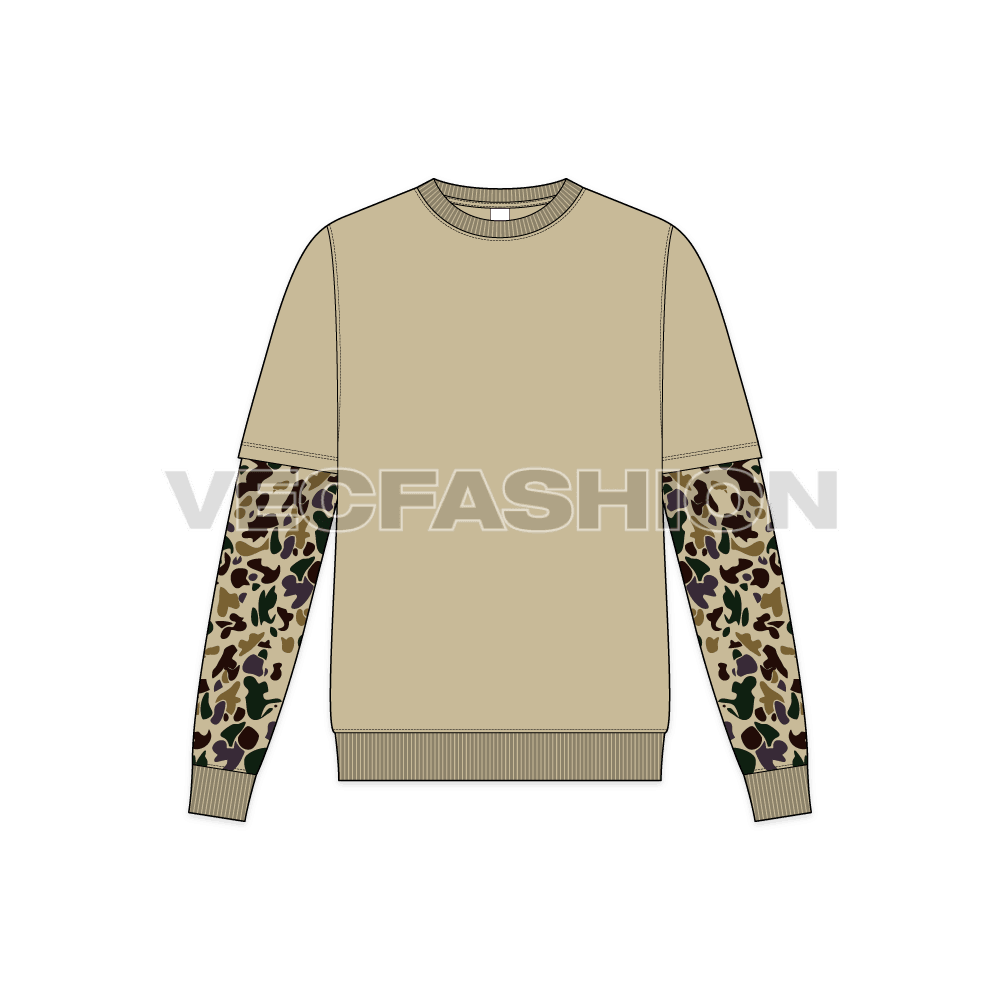Mens double layered sleeve crewneck flat sketch, front view