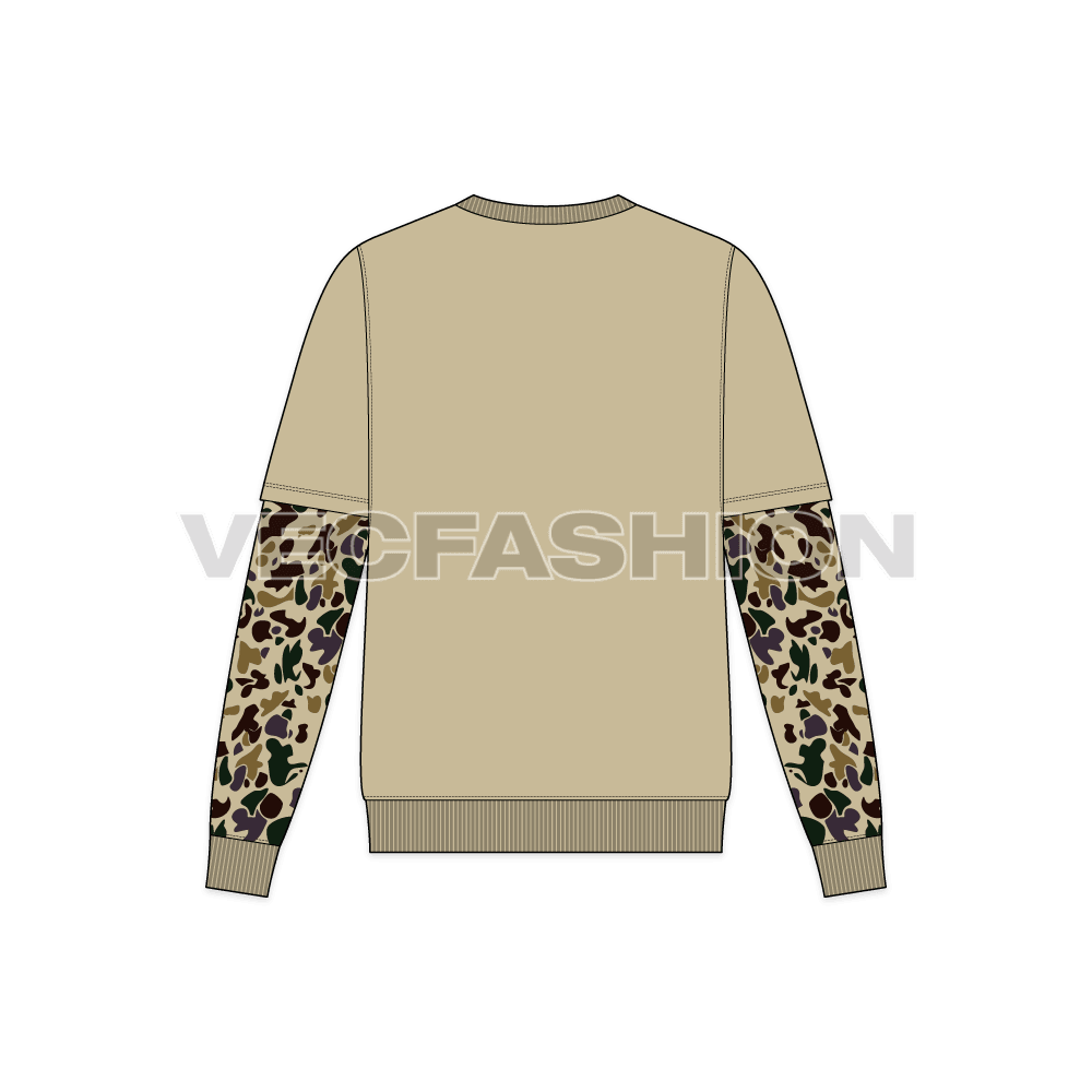 Mens double layered sleeve crewneck flat sketch, back view
