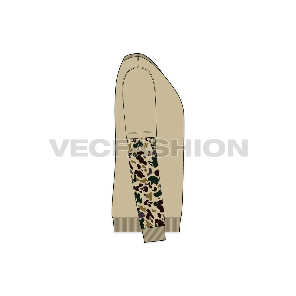 Mens double layered sleeve crewneck flat sketch, side view