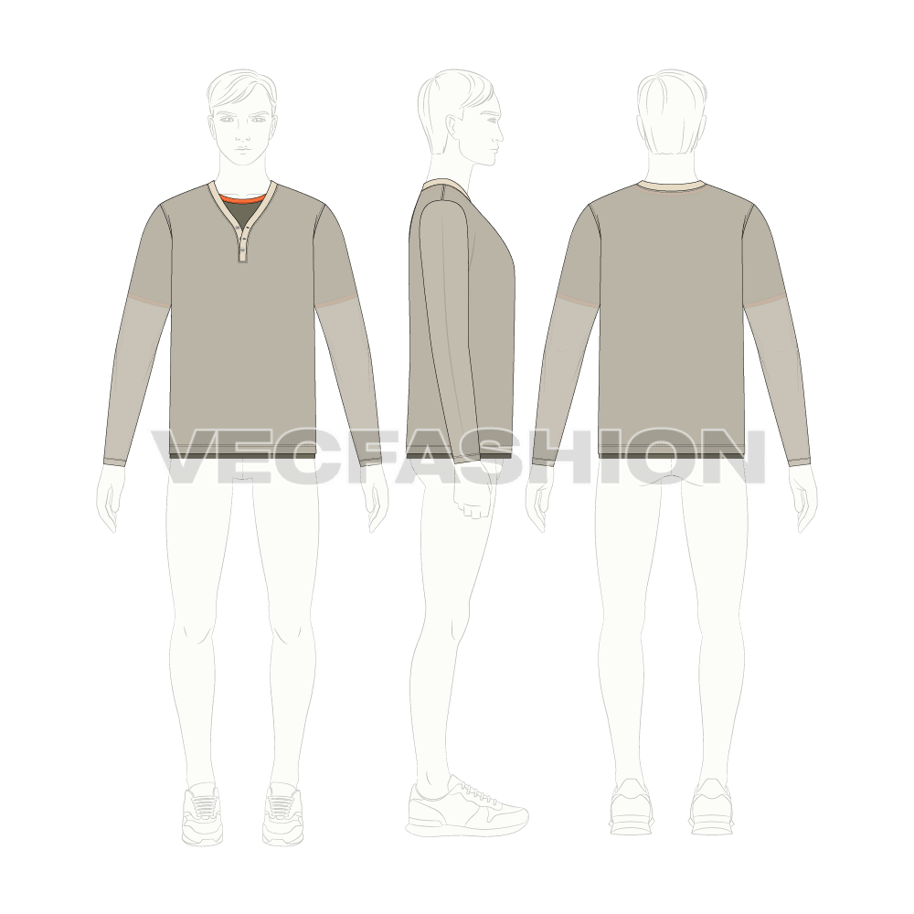 Mens double tees, henley and round neck flat sketch, croqui sketch