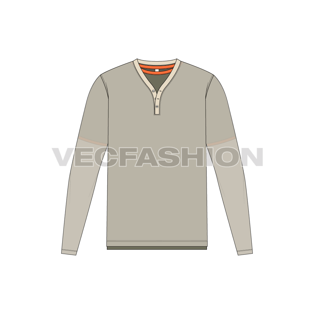 Mens double tees, henley and round neck flat sketch, front view