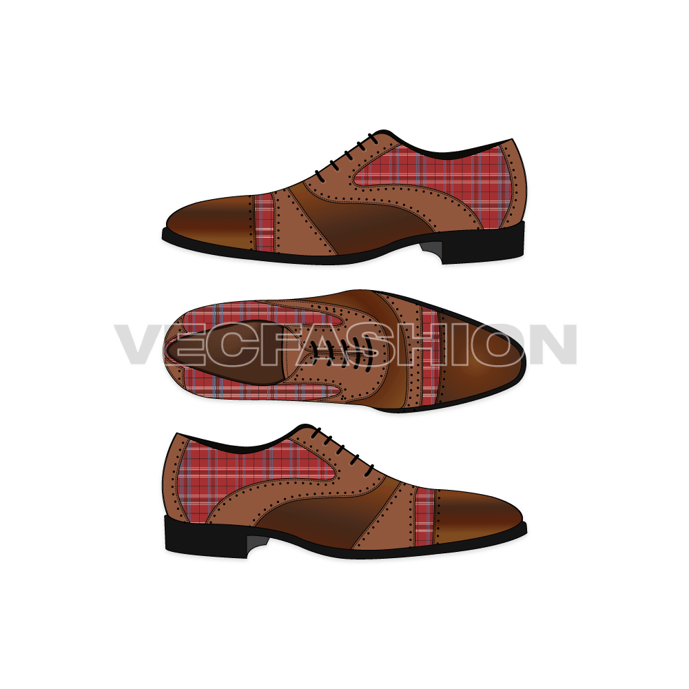 An illustrator fashion cad for Men's Dress Shoes. It has leather suede rendering with a Scottish plaid pattern in it. 