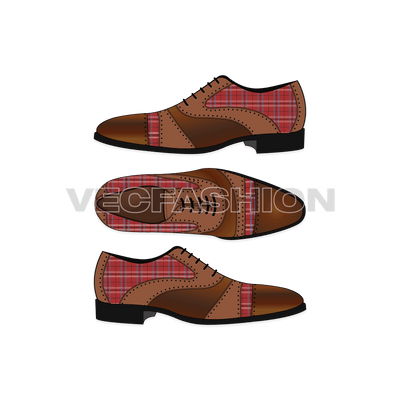 An illustrator fashion cad for Men's Dress Shoes. It has leather suede rendering with a Scottish plaid pattern in it. 