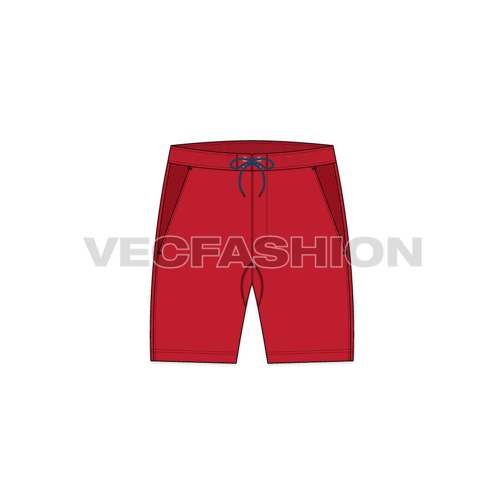 Mens dri-fit sport shorts flat sketch, front view