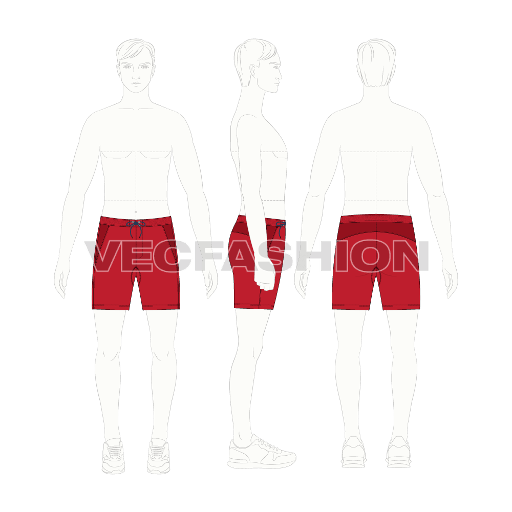 Mens dri-fit sport shorts flat sketch, croqui sketch