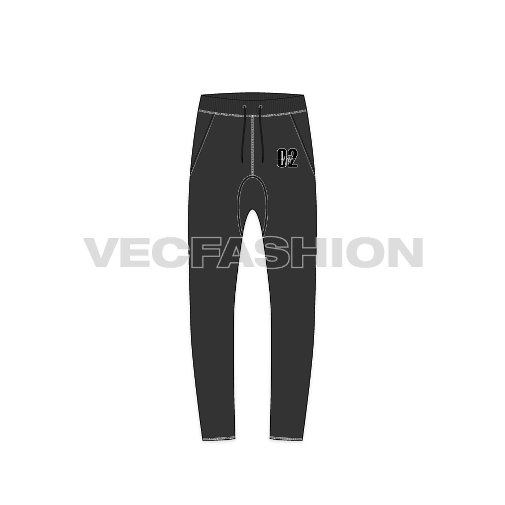 Mens drop crotch track pants flat sketch, front view