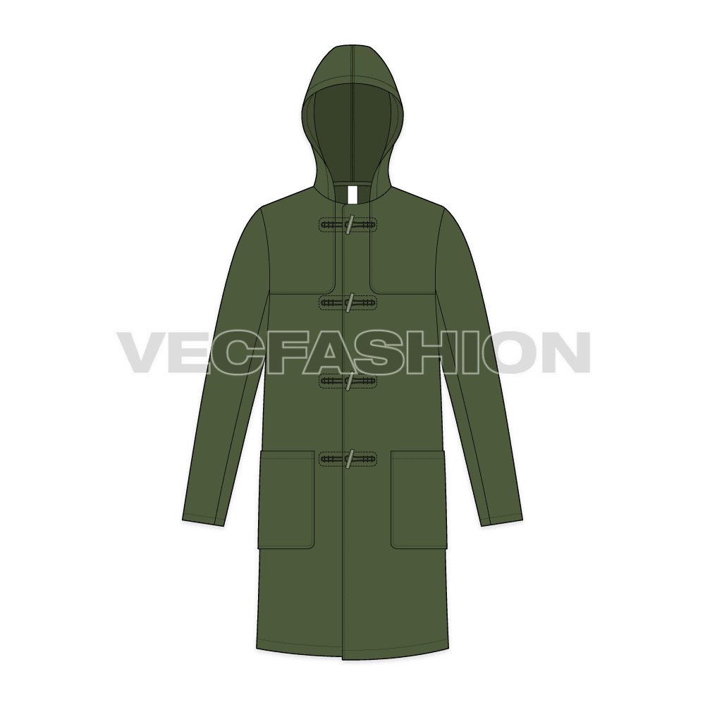 Mens Duffle Coat flat sketch, front view