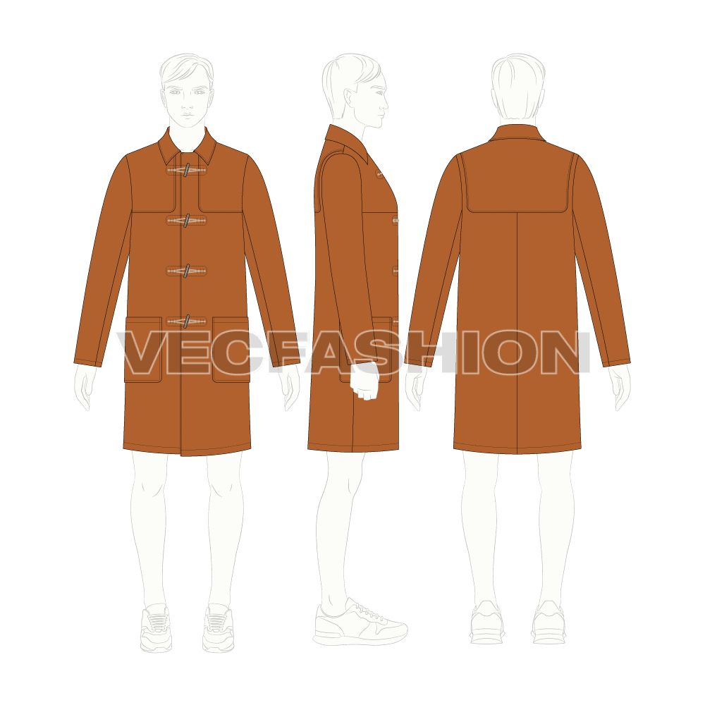 Duffle Coat For Mens flat sketch, croqui sketch