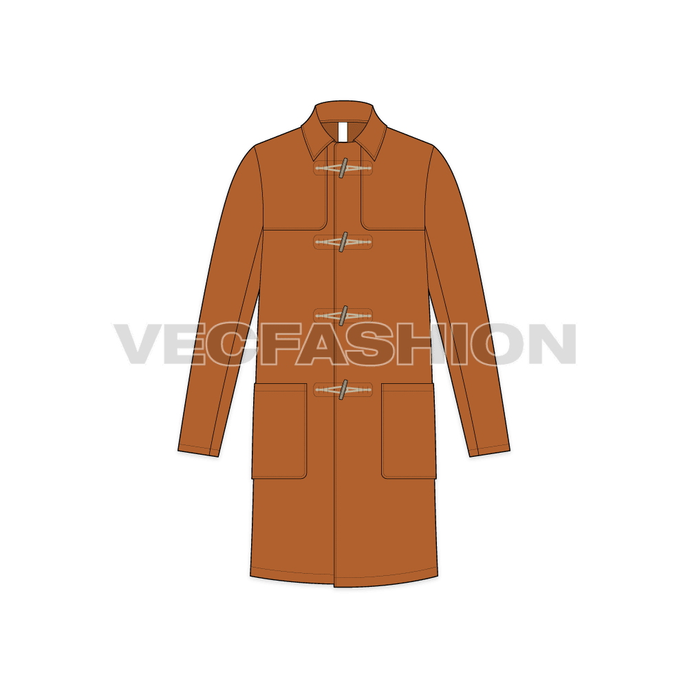 Duffle Coat For Mens flat sketch, front view