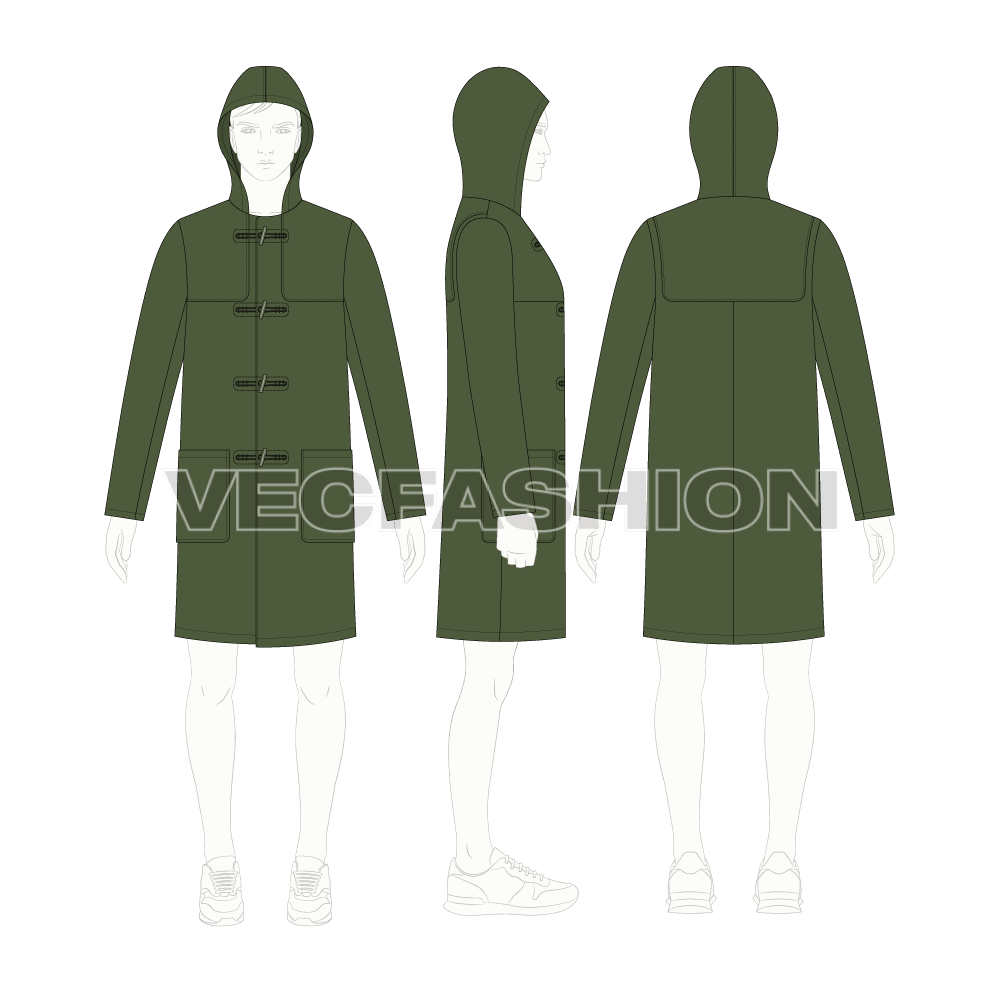 Mens Duffle Coat flat sketch, croqui sketch