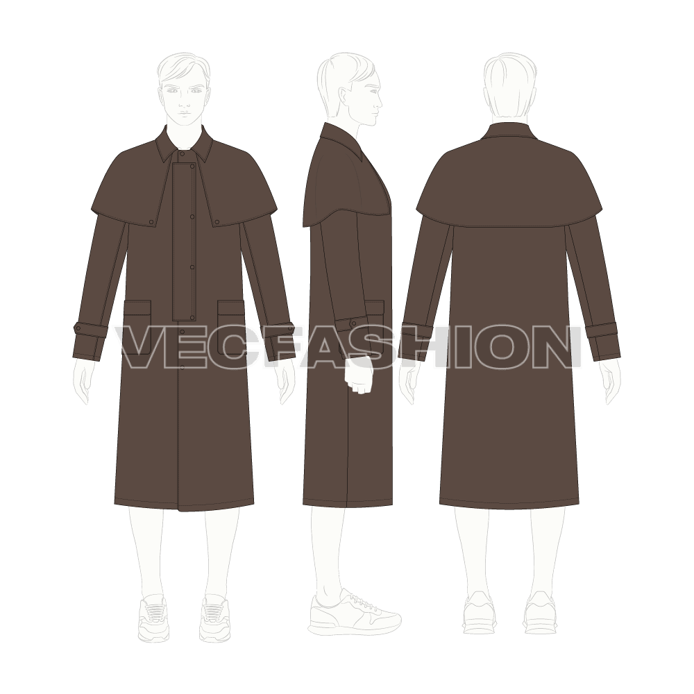 Mens Duster Coat flat sketch, croqui sketch