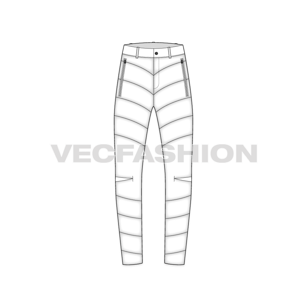 Mens expedition puffer pants flat sketch, front view
