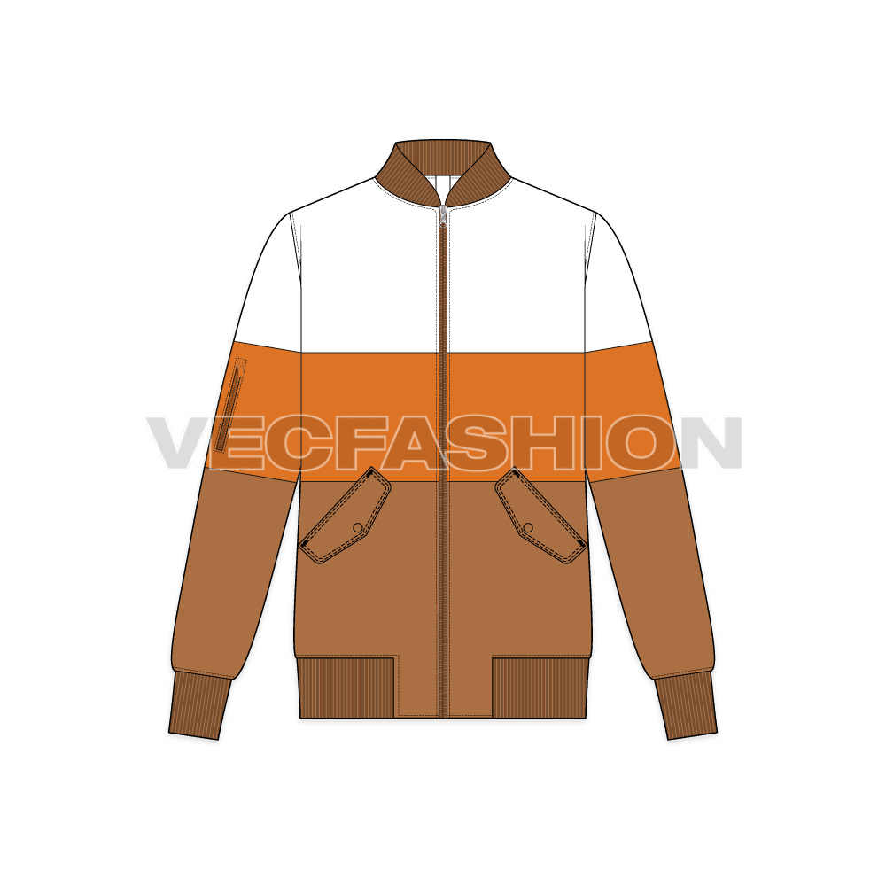 Mens Fashion Bomber Jacket flat sketch, front view