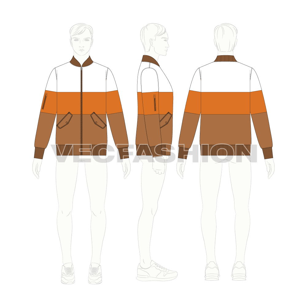 Mens Fashion Bomber Jacket flat sketch, croqui sketch