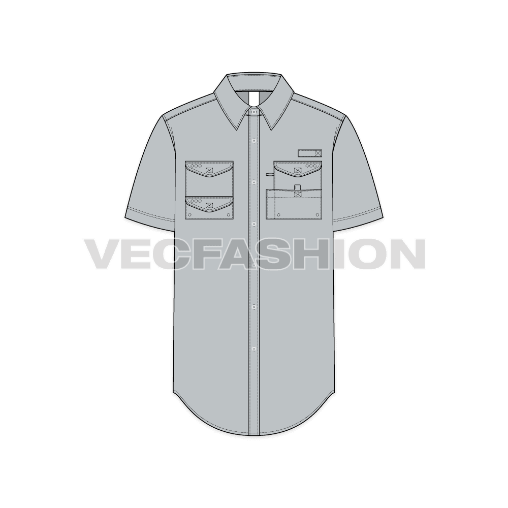 Mens fishing shirt flat sketch, front view