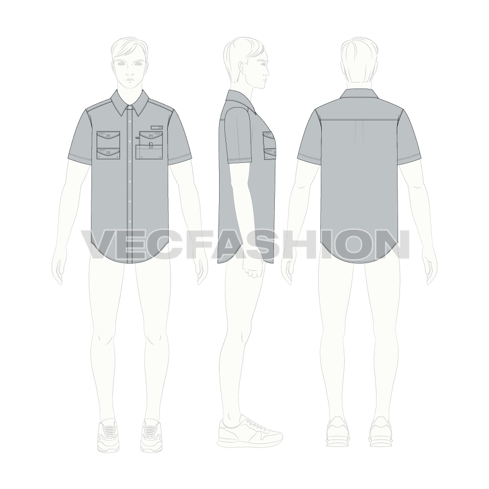 Mens fishing shirt flat sketch, croqui sketch