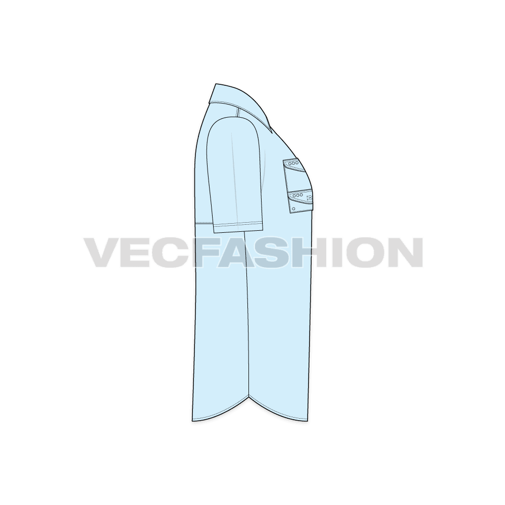 Mens fishing shirt with tech pockets flat sketch, side view