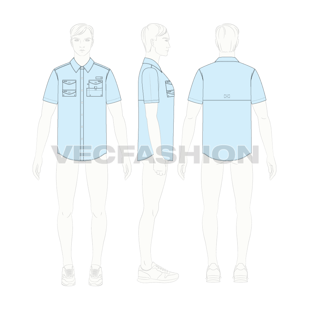 Mens fishing shirt with tech pockets flat sketch, croqui sketch