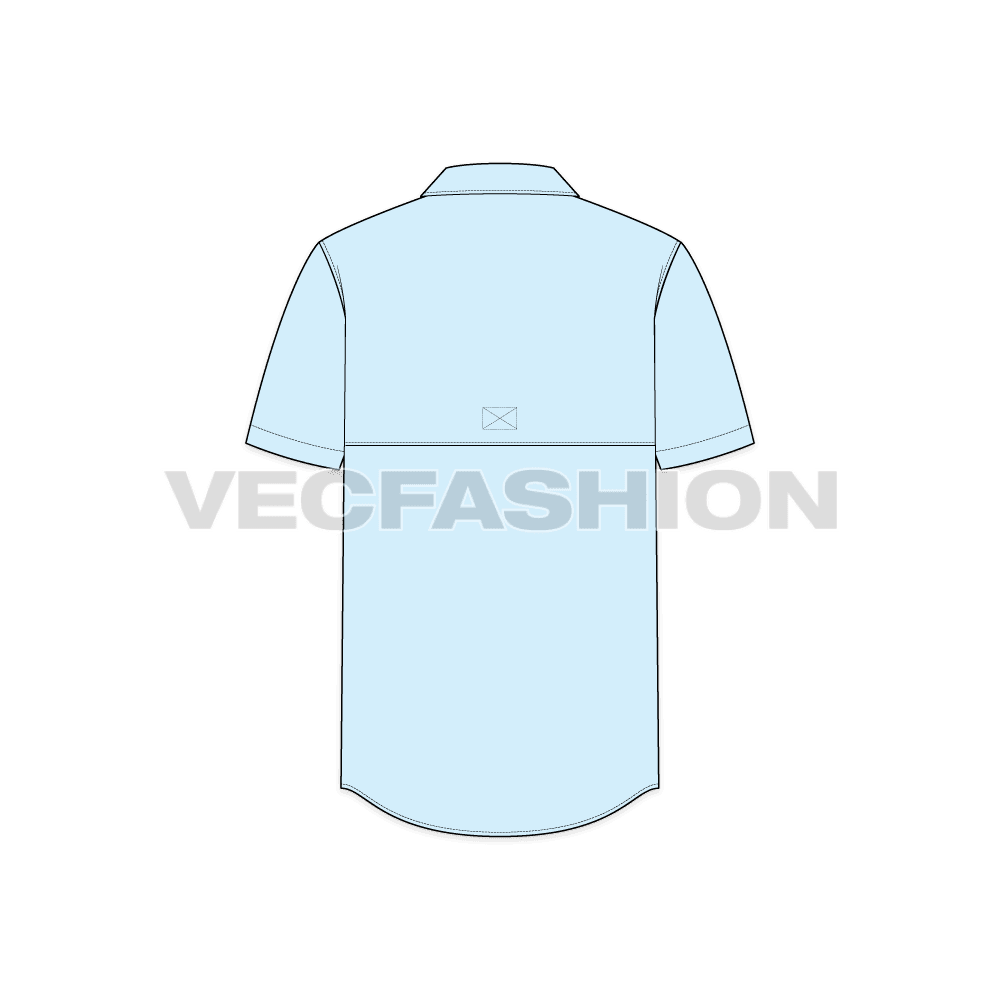 Mens fishing shirt with tech pockets flat sketch, back view