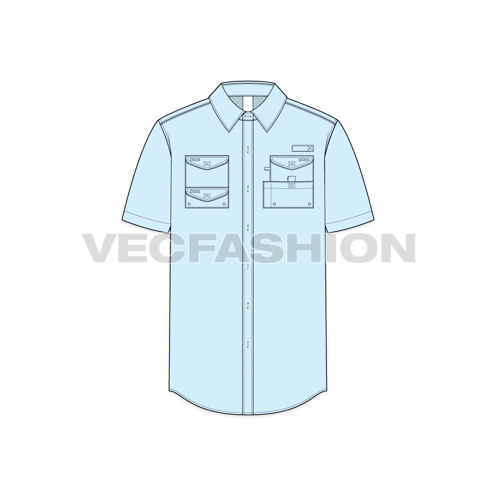 Mens fishing shirt with tech pockets flat sketch, front view