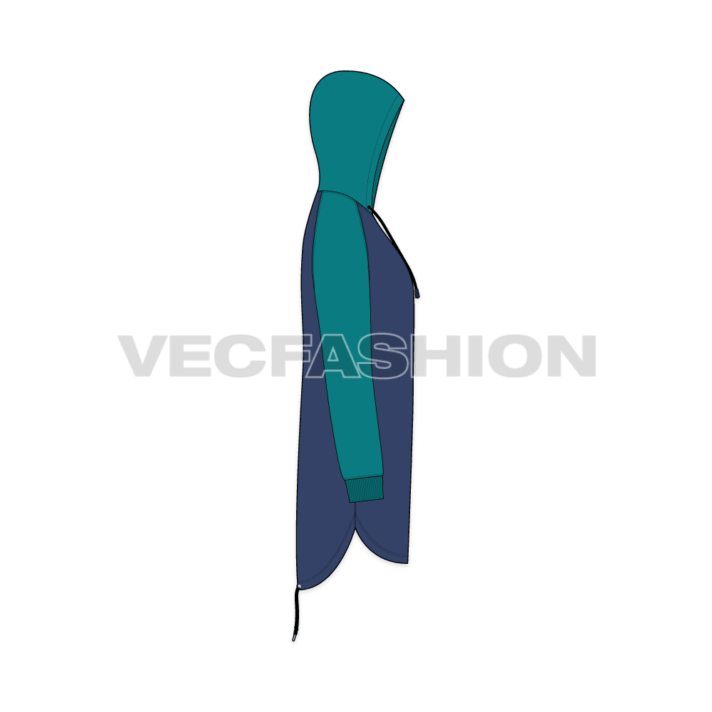 Mens fishtail hoodie flat sketch, side view
