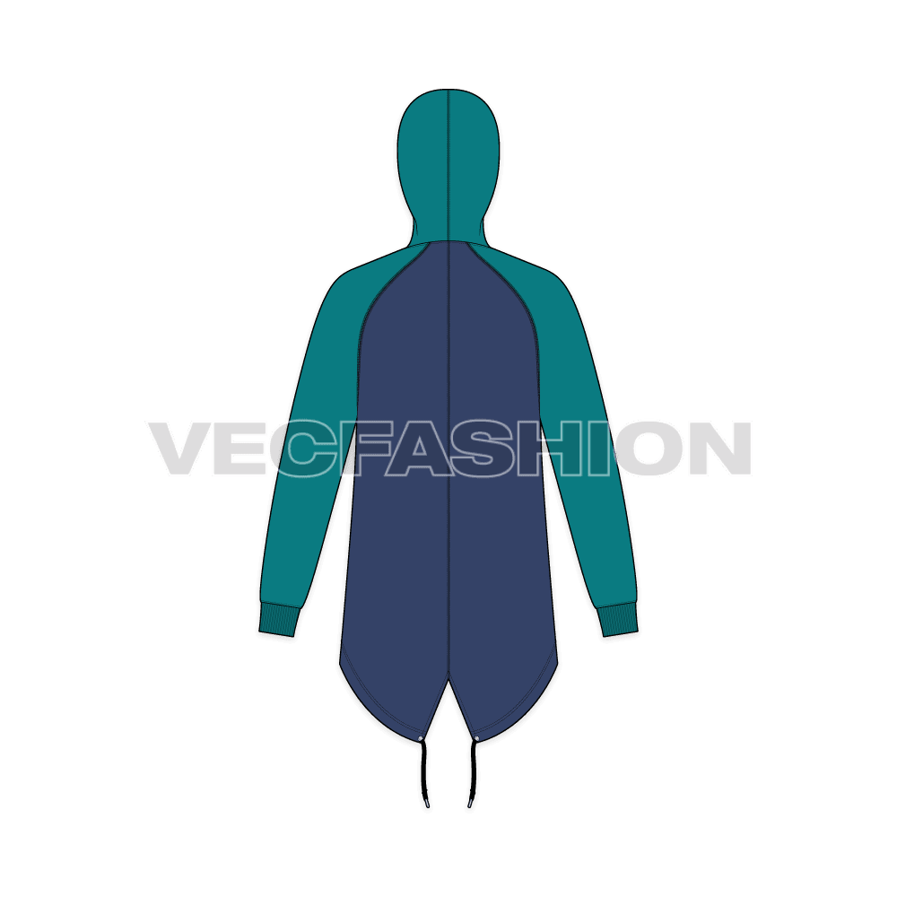 Mens fishtail hoodie flat sketch, back view