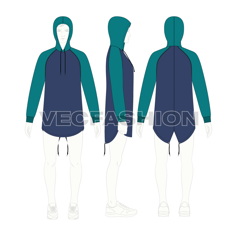 Mens fishtail hoodie flat sketch, croqui sketch