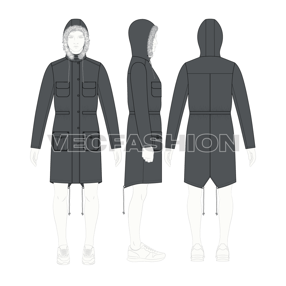 Mens Fishtail Parka Coat flat sketch, croqui sketch