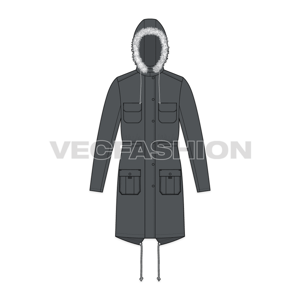 Mens Fishtail Parka Coat flat sketch, front view