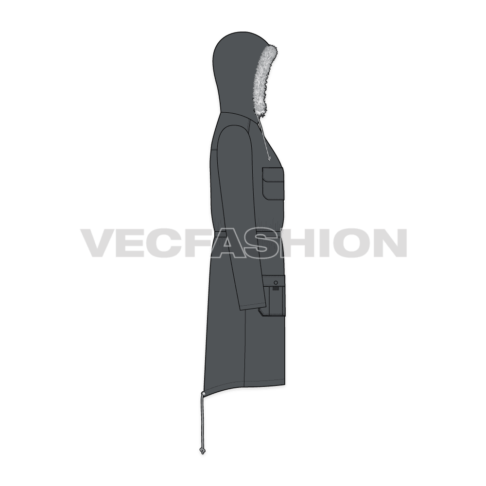 Mens Fishtail Parka Coat flat sketch, side view