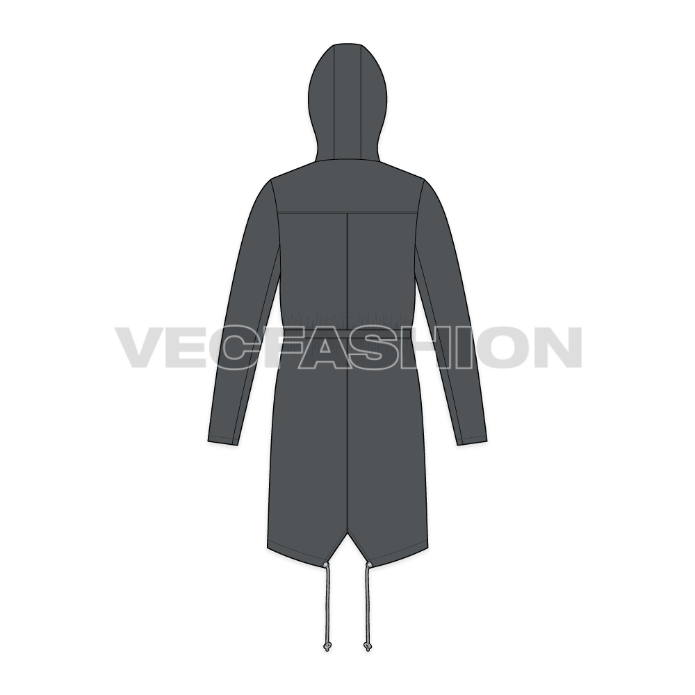 Mens Fishtail Parka Coat flat sketch, back view