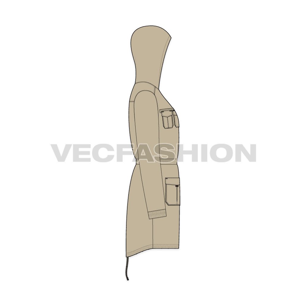 Mens Fishtail Parka Jacket flat sketch, side view