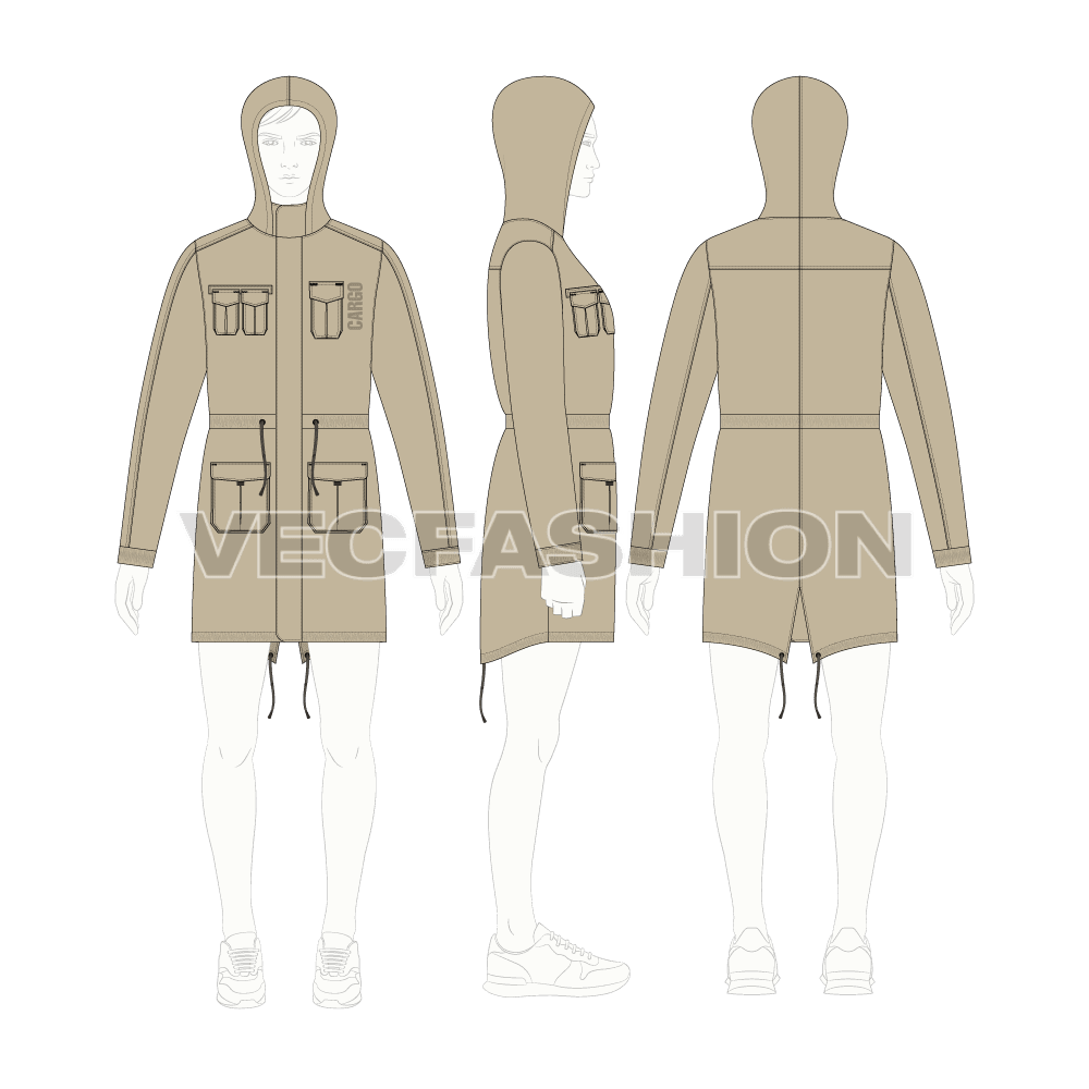 Mens Fishtail Parka Jacket flat sketch, croqui sketch