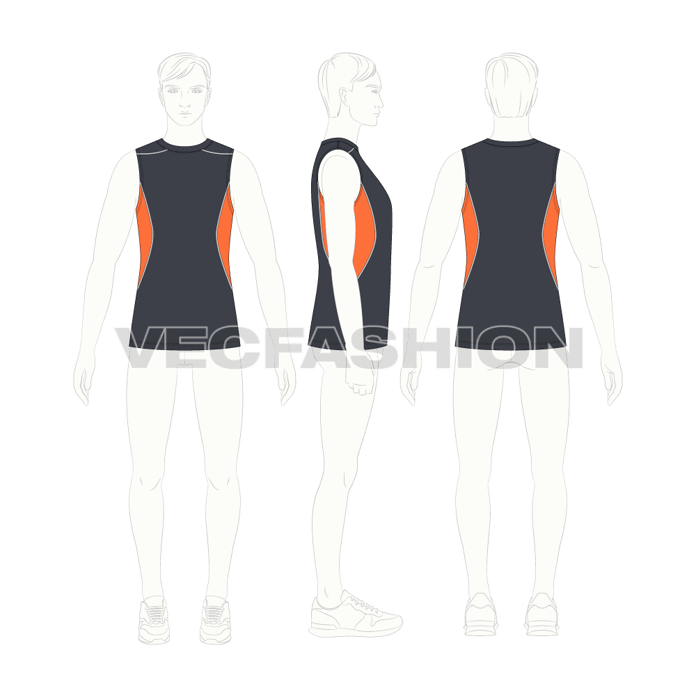 Mens fitness training vest flat sketch, croqui sketch