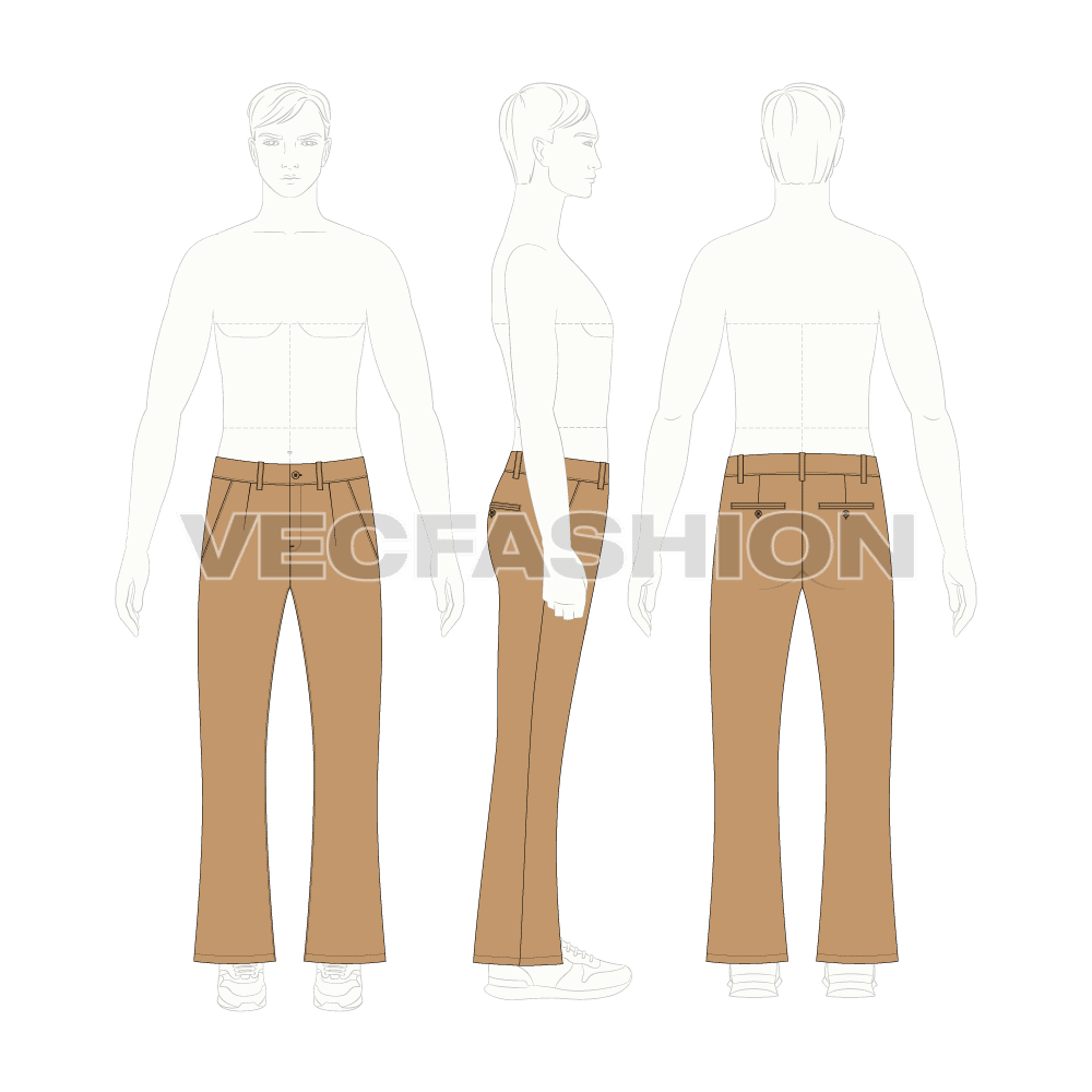 Mens flare leg cotton pants flat sketch, croqui sketch