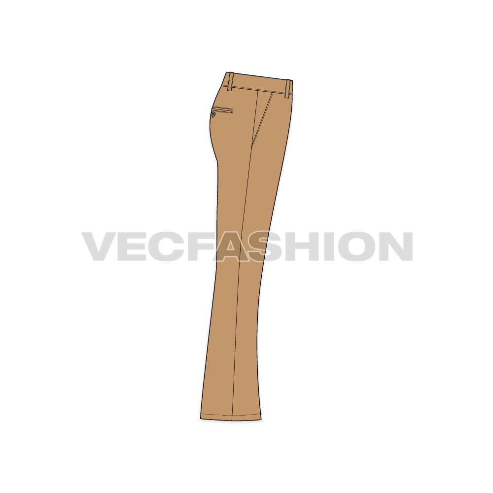 Mens flare leg cotton pants flat sketch, side view