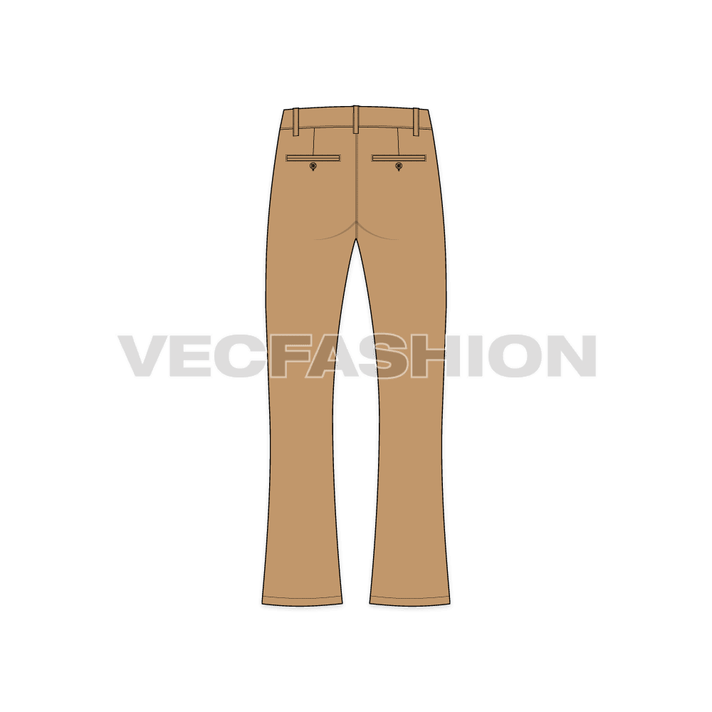 Mens flare leg cotton pants flat sketch, back view