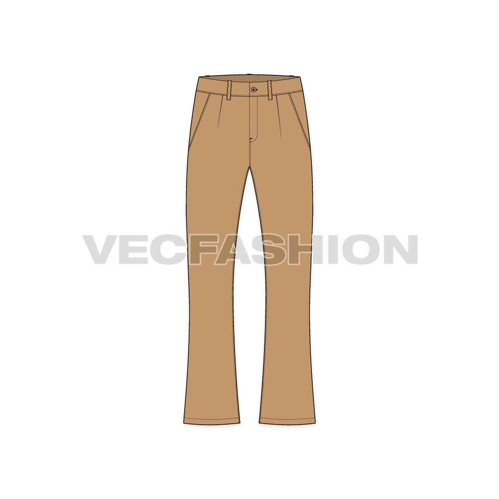 Mens flare leg cotton pants flat sketch, front view