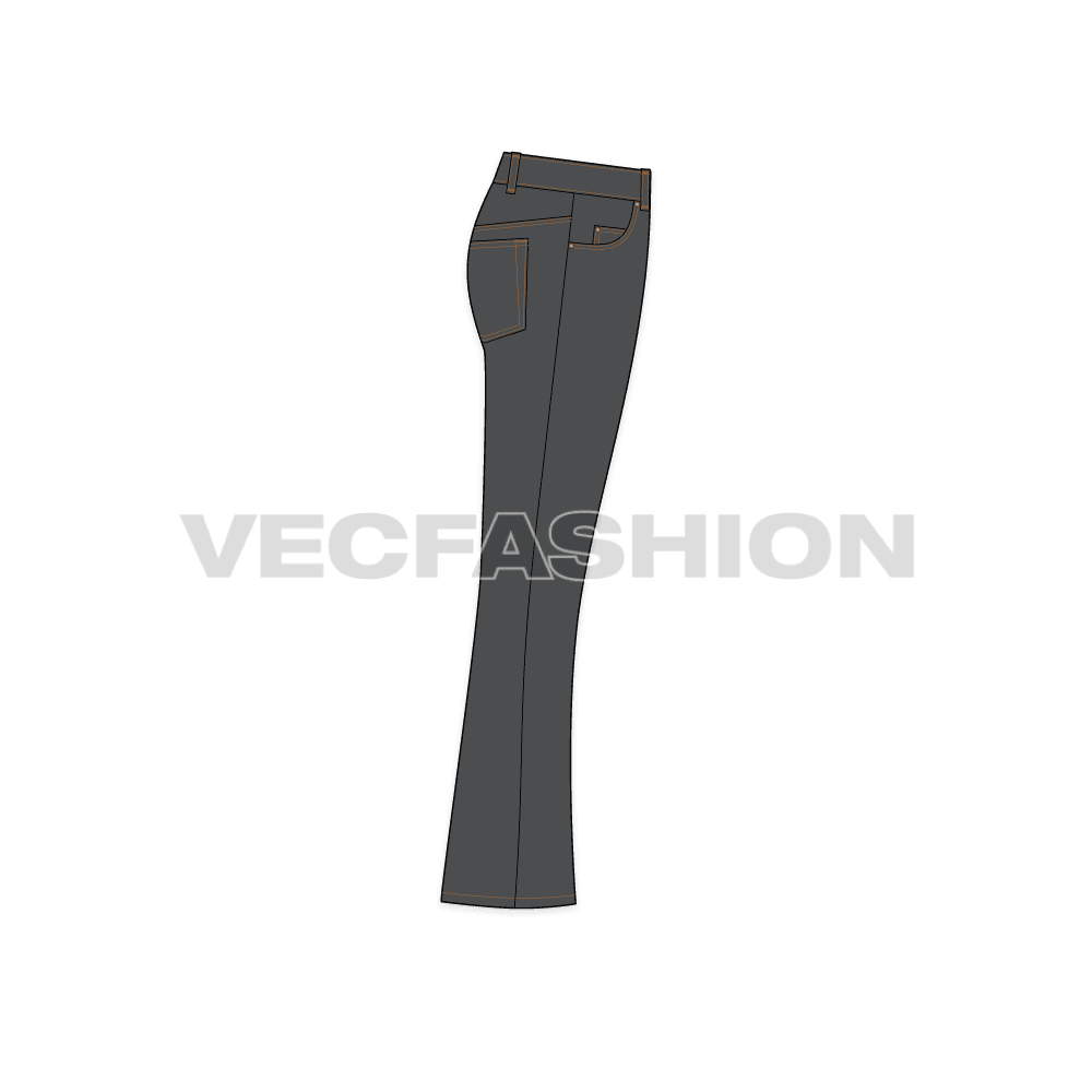 Mens flare leg denim jeans, faded finish flat sketch, side view