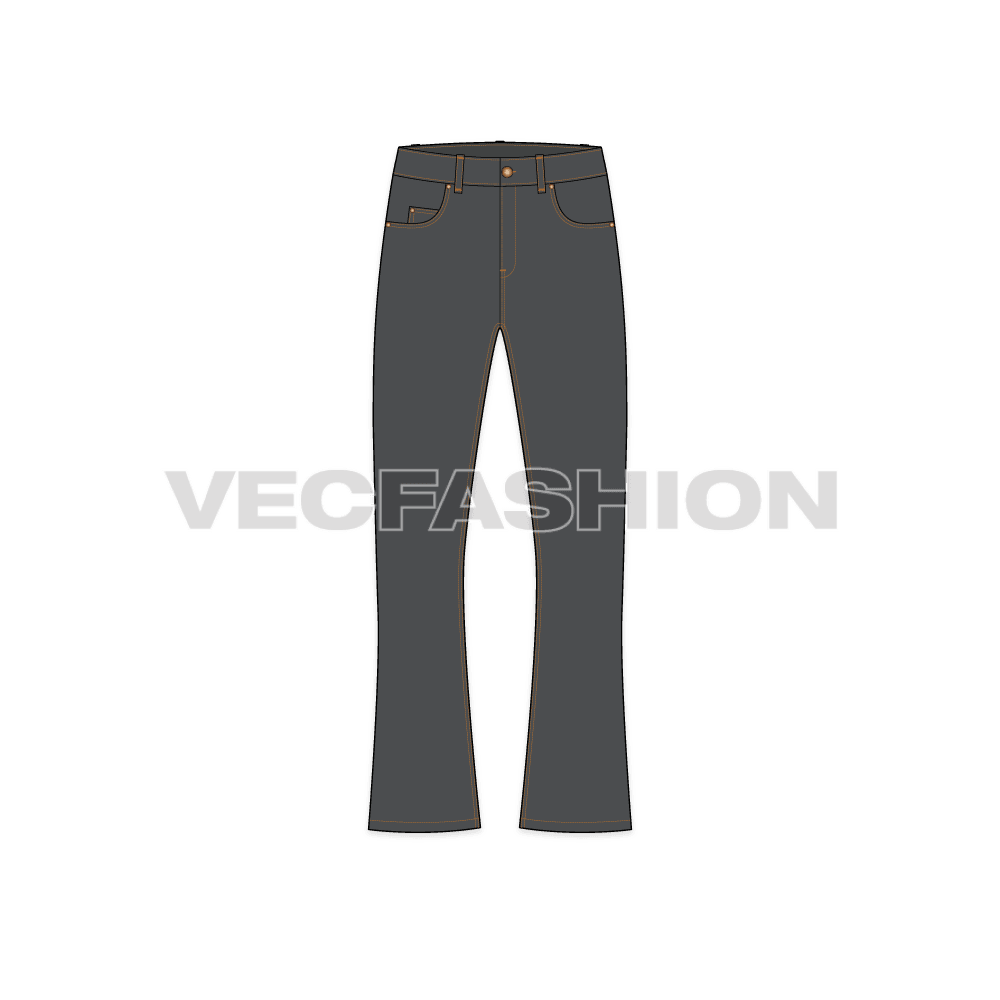 Mens flare leg denim jeans, faded finish flat sketch, front view