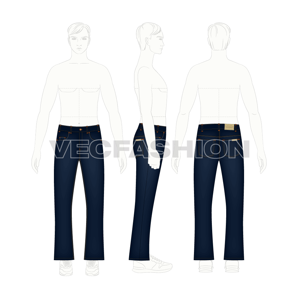 Mens flare leg denim jeans, blue flat sketch, croqui sketch