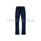 Mens flare leg denim jeans, blue flat sketch, front view