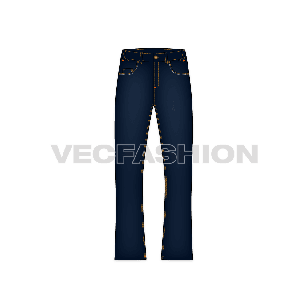 Mens flare leg denim jeans, blue flat sketch, front view
