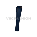 Mens flare leg denim jeans, blue flat sketch, side view