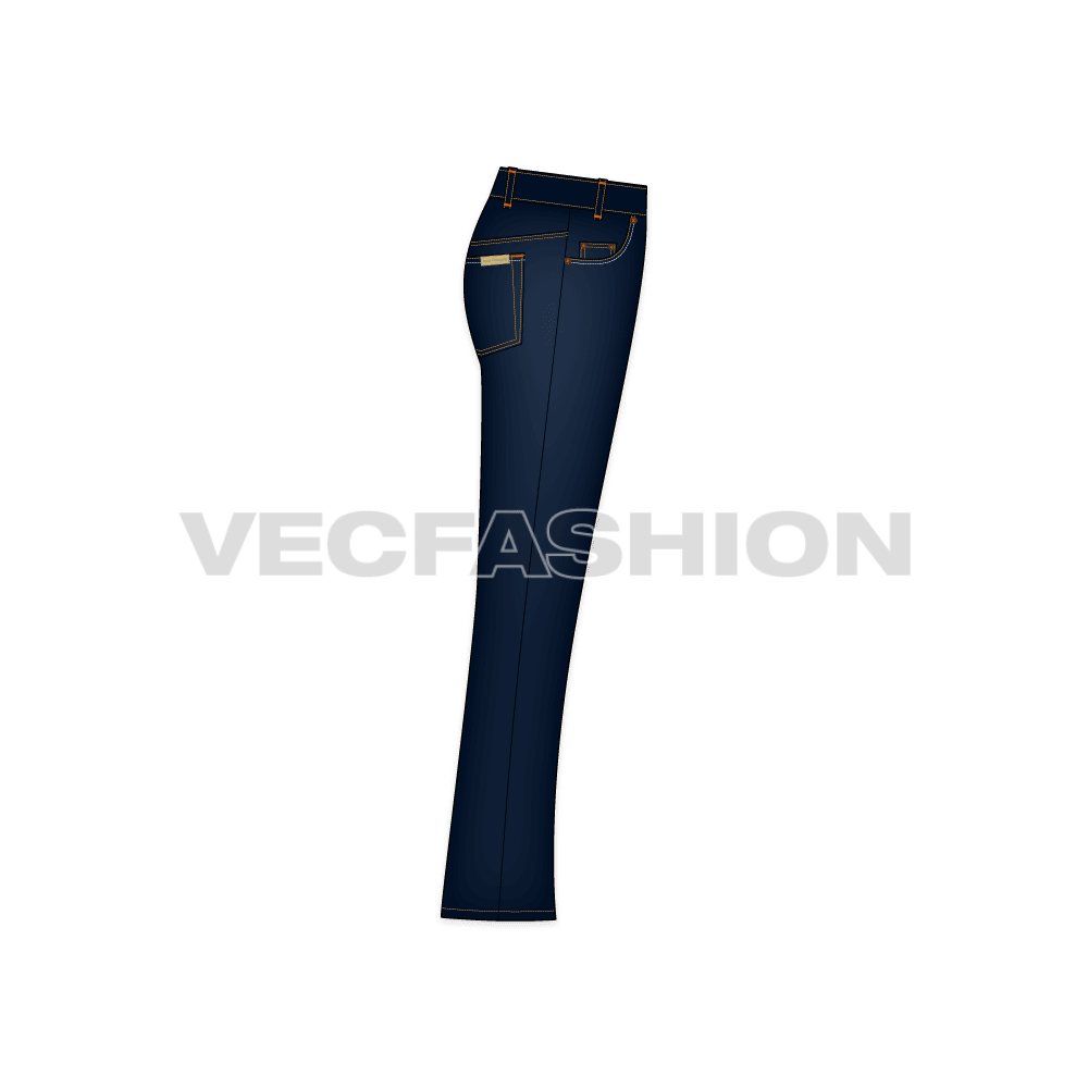 Mens flare leg denim jeans, blue flat sketch, side view