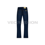 Mens flare leg denim jeans, blue flat sketch, back view